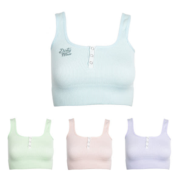 A women's cropped tank top in pastel shades of green, blue, pink, and purple with a logo and button detail. Women's Cropped Tank Top - Image 1