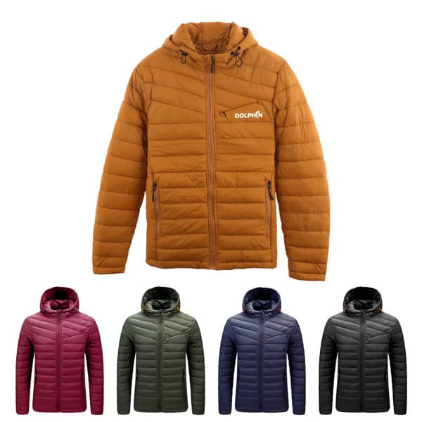 A hooded puffer jacket in rust colour, accompanied by maroon, green, navy, and black variants. Features a logo. Fiber-Fill-Jacket With Hooded - Image 1