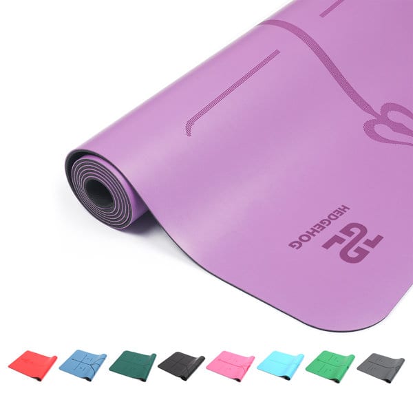 A purple custom PU yoga mat lies rolled up, featuring various colours available alongside. The mat includes a logo. Custom PU Yoga Mat - Image 1