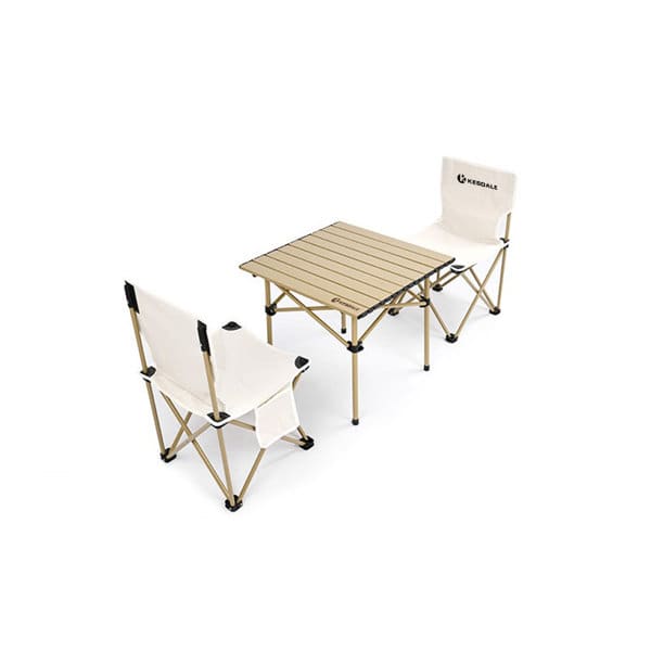 A folding camping table and two chairs set in beige and white, featuring a logo on the chair. Folding Camping Table And Chairs Set - Image 1
