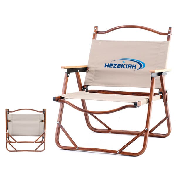 A tan folding chair with wood accents and a logo, shown in both upright and folded positions. Outdoor Portable Wood Grain Folding Chair - Image 1
