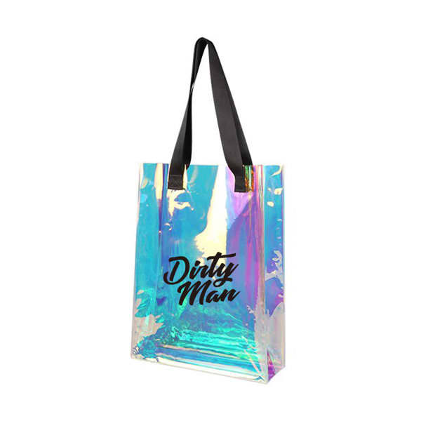 An iridescent tote bag with black straps and a logo present on the front. Laser PVC Tote Bag - Image 1