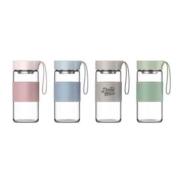 A drink bottle set featuring four borosilicate glass options in pastel pink, blue, green, and grey with protective sleeves and lids. 16 oz. Portable Borosilicate Wide Mouth Water Bottle - Image 1