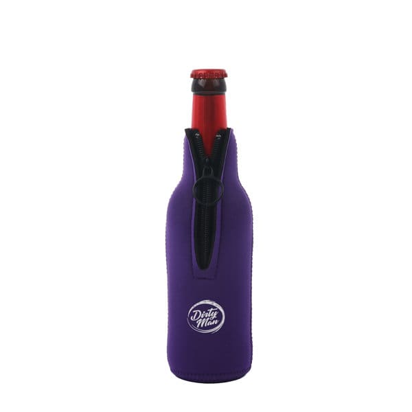 A drink bottle sleeve in purple neoprene with a zipper, designed for standard beer bottles. It features a logo. 11 oz. Neoprene Beer Bottle Sleeve With Zipper - Image 1