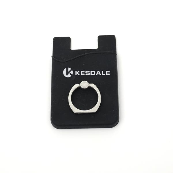 A black silicone phone card holder features a silver ring buckle and a logo. Designed for holding cards securely. Silicone Phone Card Holder With Ring Buckle - Image 1