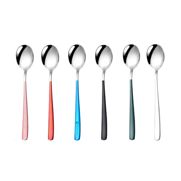 A set of six stainless steel spoons with coloured handles in pink, red, blue, black, and grey. Stainless Steel Spoon - Image 1