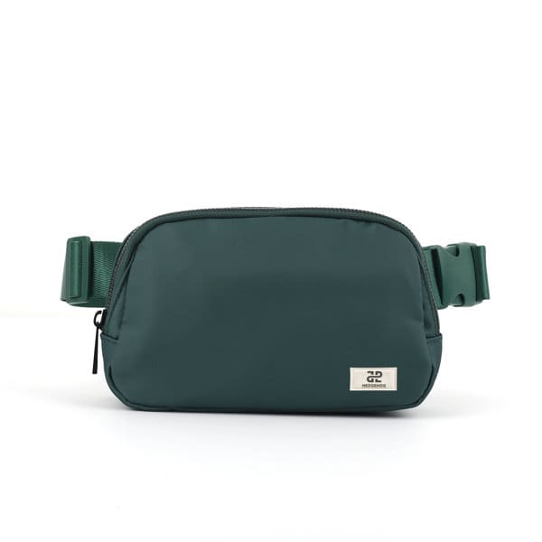 A dark green nylon fanny pack with a zippered compartment and adjustable strap. Features a logo on the front. Custom Nylon Fanny Pack - Image 1