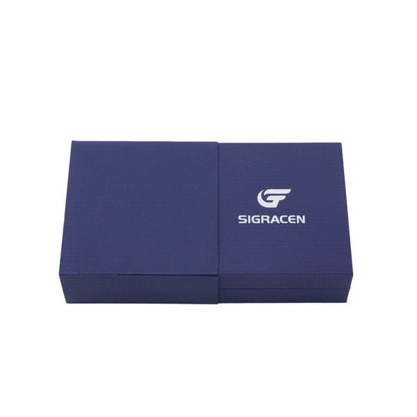 A navy blue jewellery gift packaging box with a logo on the front. The box has a minimalist design and opens flat. Custom Jewelry Gift Packaging Box - Image 1
