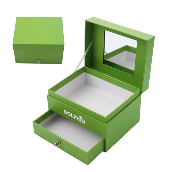 A green, two-layered paper jewellery box with a mirror and one open drawer, featuring a logo on the front. 2 Layers Paper Jewelry Box With Mirror - Image 1