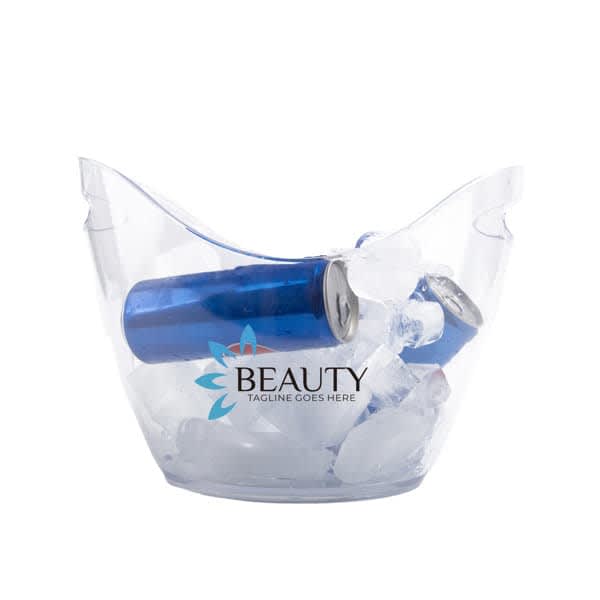 A transparent plastic ice bucket containing ice and several cans, featuring a logo on its side. 5L Ingot Plastic Ice Bucket - Image 1