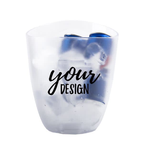 A frosted ice bucket containing cans surrounded by ice. Features a design on one side. 3L Frosted Ice Bucket - Image 1