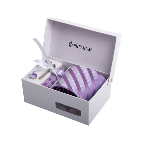 A gift box containing a purple striped tie, a matching pocket square, and a tie clip, with a logo on the inside. Men’s Tie Gift Set - Image 1