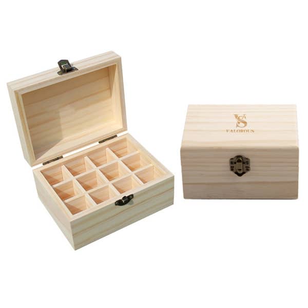 A light wooden box featuring a hinged lid, with twelve compartments inside and a decorative clasp closure. 12 Slot Wooden Aromatherapy Oil Box - Image 1