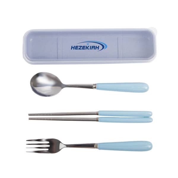A stainless steel cutlery set with blue handles includes a spoon, fork, and chopsticks, housed in a travel case. 3 Pcs Stainless Steel Cutlery Set With Travel Case - Image 1