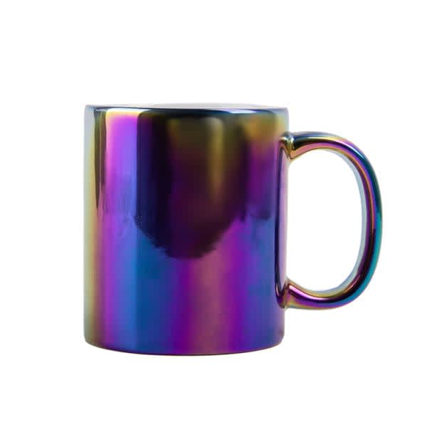 An iridescent ceramic mug with a rainbow finish and a handle. Features a logo on the surface. 11 oz. Iridescent Ceramic Mug - Image 1