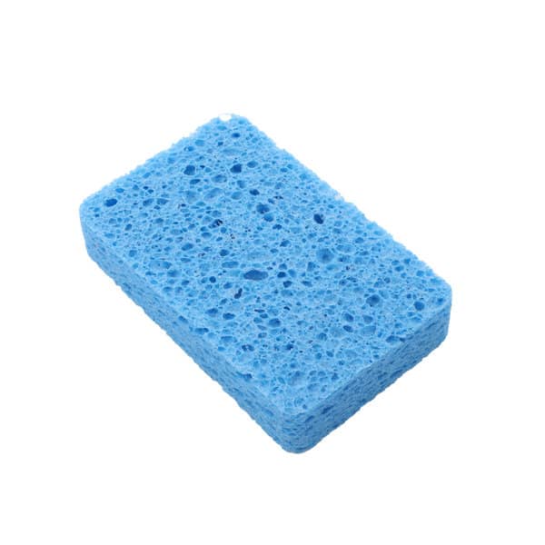 A blue wood pulp cleaning sponge with a textured surface, featuring a logo on one side. Wood Pulp Cleaning Sponge - Image 1