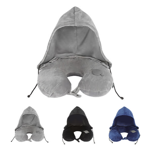 A travel neck pillow with a hoodie in grey, black, and navy, featuring a logo on the front. Travel Neck Pillow With Hoodie - Image 1