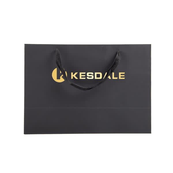 A black paper gift bag with a logo and black handles. Perfect for various gifting occasions. Custom Paper Gift Bag - Image 1