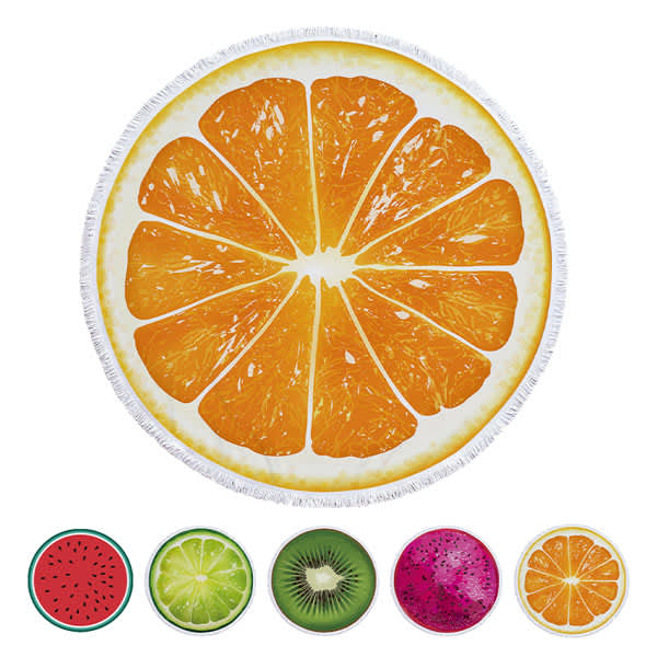 A round beach towel designed like an orange slice, featuring vibrant orange and white colours with a fringed edge. Printed Round Beach Towel - Image 1