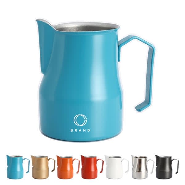 A stainless steel milk frothing pitcher in turquoise with a handle and a logo, alongside various coloured options. 16 oz. Stainless Steel Milk Frothing Pitcher - Image 1