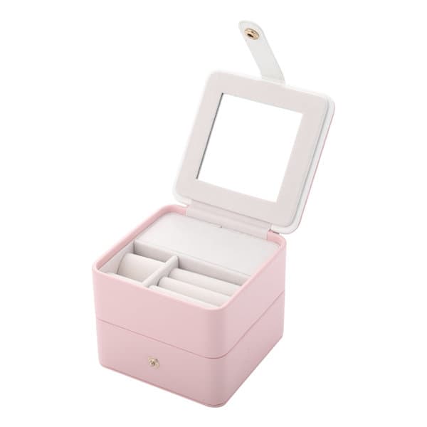 A pink mini jewelry box with a white interior and a mirror, featuring compartments for organisation. Mini Jewelry Box - Image 1
