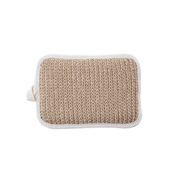 A beige jute bath sponge pad with a textured surface and a white border. Jute Bath Sponge Pad - Image 1