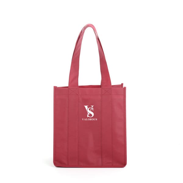 A drink bottle tote bag in a deep red colour, featuring two sturdy handles and a logo. 6 Bottle Reusable Wine Tote Bag - Image 1