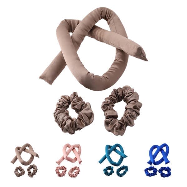 A heatless hair curling rod in brown with three matching scrunchies in brown, pink, and blue. Heatless Hair Curling Rod With Scrunchie Set - Image 1