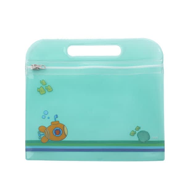 A clear turquoise zippered pouch with a die-cut handle and playful underwater designs. Clear Zippered Reclosable Pouch With Die Cut Handle - Image 1