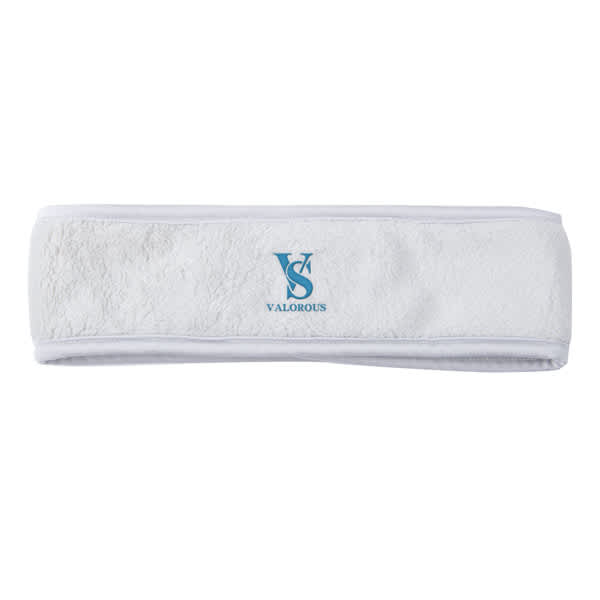 A white headband made of soft fabric featuring a light blue logo. Ideal for headwear use. Headband With Magic Tape - Image 1