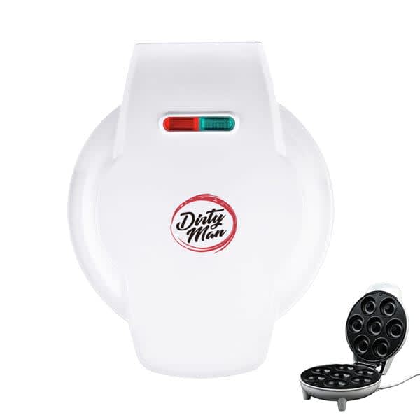 A white mini donut maker machine with a logo and a black tray for making multiple small donuts. Mini Donut Maker Machine For Kid - Image 1