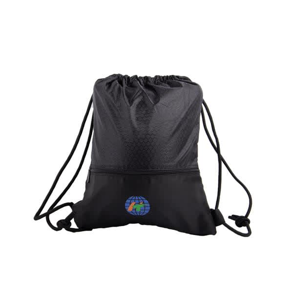 A black RPET sport drawstring bag with a logo, featuring a textured finish and adjustable straps. RPET Sport Drawstring Bag - Image 1
