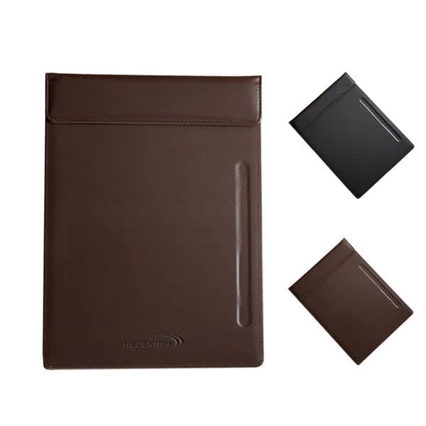 A leather clipboard in brown with a pen slot and a logo, alongside black and brown variations. Leather Magnetic Clipboard With Pen Slot - Image 1