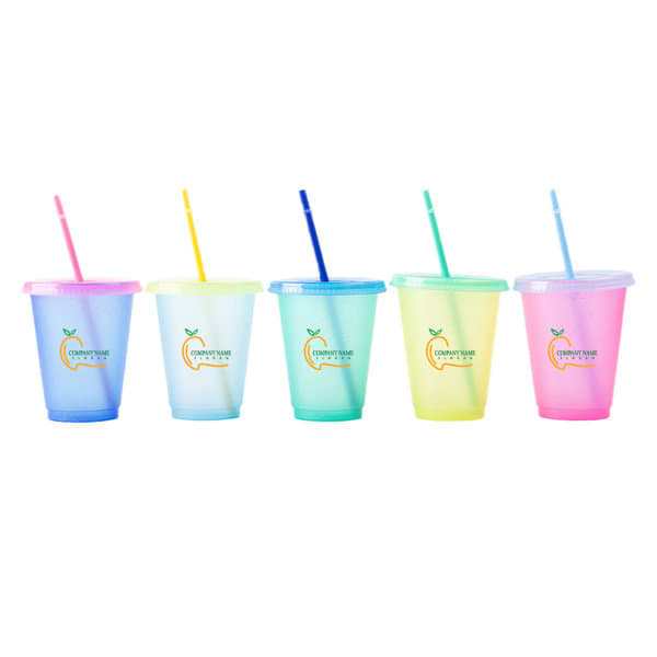 A set of five travel cups in pastel colours, featuring lids and straws, with a logo on each cup. 16 oz. Travel Cup With Lid And Straw - Image 1