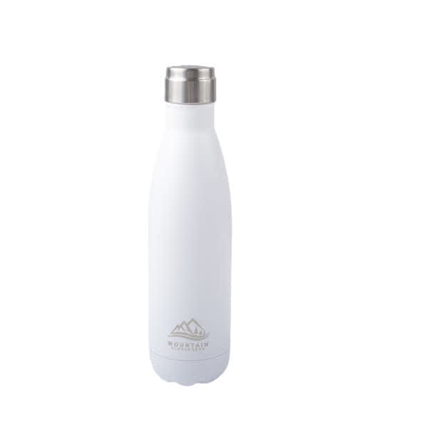 A drink bottle made of stainless steel with a white finish and a silver lid, featuring a logo. 17 oz. Stainless Steel Vacuum Insulated Water Bottle - Image 1