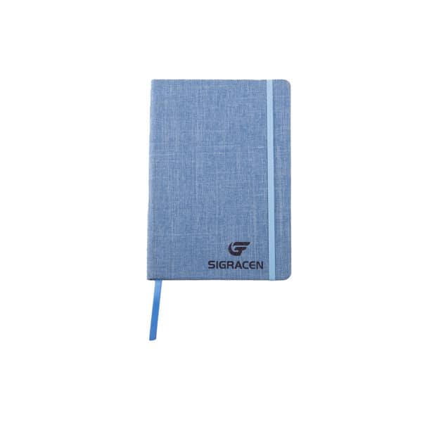 A blue linen fabric journal notebook with a matching elastic band and ribbon bookmark, featuring a logo. Linen Fabric Journal Notebook - Image 1
