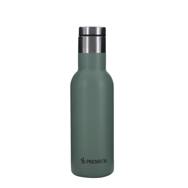 A drink bottle with a double wall, insulated design, featuring a matte green finish and stainless steel lid. 600ml Double Wall Insulated Wine Bottle - Image 1