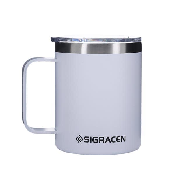 A drink mug in white with a stainless steel lid, featuring a handle and a branding logo. 12 oz. Insulated Coffee Mug With Lid - Image 1