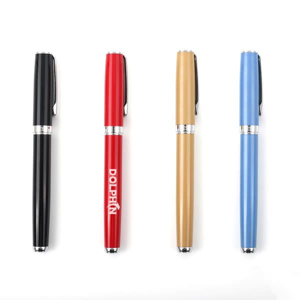A selection of four metal ballpoint pens in black, red, beige, and blue, each with a distinctive design and a logo. Heavy Metal Business Gift Ballpoint Pen - Image 1