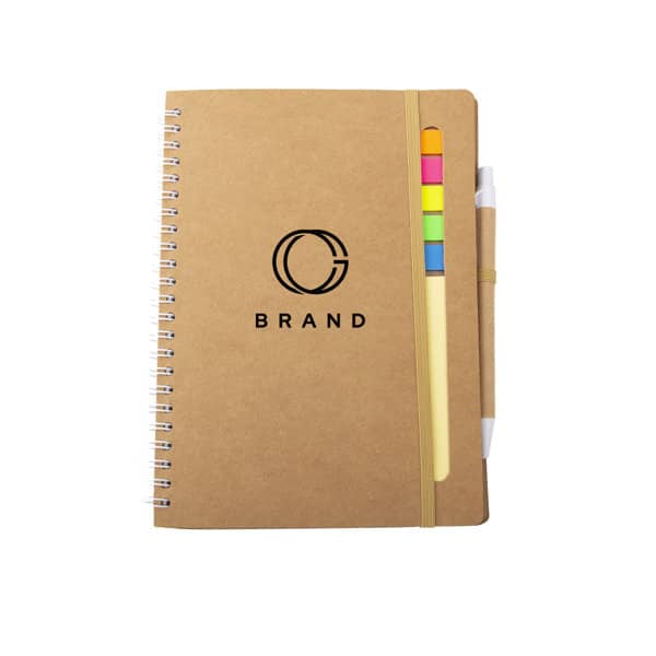 A5 kraft spiral notebook featuring sticky flags, a pen, and a logo. Includes vibrant multi-coloured sticky flags. A5 Kraft Spiral Notebook With Sticky Flags And Pen - Image 1