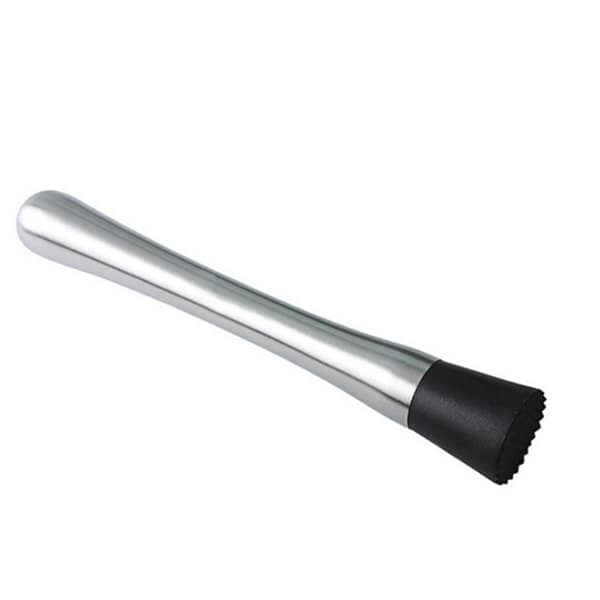A stainless steel cocktail muddler with a black rubber end, featuring a sleek, shiny finish. Stainless Steel Cocktail Muddler - Image 1