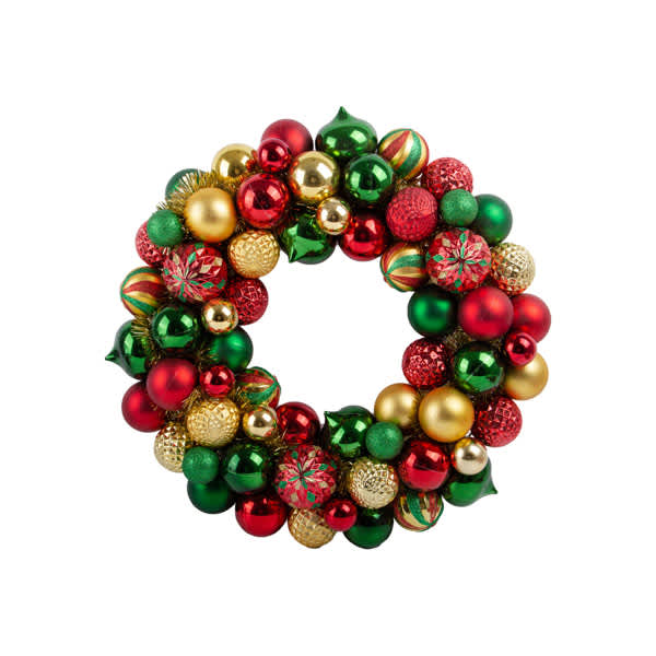 A circular wreath adorned with red, green, and gold decorative balls in various sizes and textures. Christmas Colorful Ball Wreath - Image 1