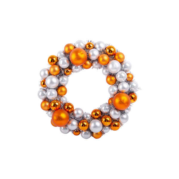 A decorative wreath featuring orange and silver ornaments, complemented by tinsel accents. Ideal for Christmas decor. Christmas Ornament Wreath - Image 1