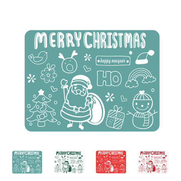 A turquoise silicone placemat featuring festive illustrations, including Santa, a snowman, and Christmas trees, with branding present. Customized Print Silicone Placemat - Image 1