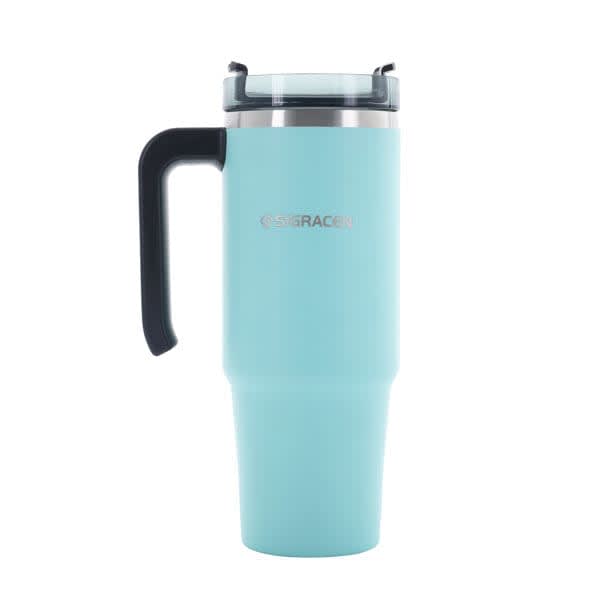 A drink bottle featuring a light blue exterior, stainless steel interior, and a black handle. It has a logo. 900ml Vacuum Insulated Tumbler With Handle - Image 1