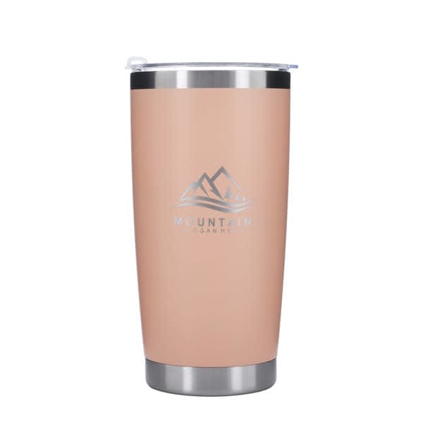 A drink bottle featuring a light pink stainless steel design with a stainless steel rim and a logo. 20 oz. Imprinted Stainless Steel Insulated Tumbler - Image 1