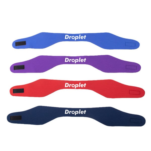 Four neoprene swimming headbands in blue, purple, red, and navy, each featuring a brand logo. Kids’ Neoprene Swimming Headband - Image 1