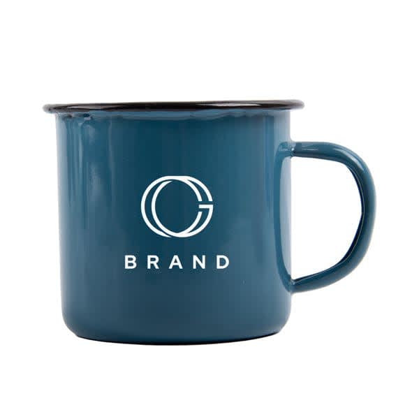 A teal enamel campfire mug with a black rim and a logo on the front. Ideal for outdoor drinking. 17 oz. Enamel Campfire Mug - Image 1