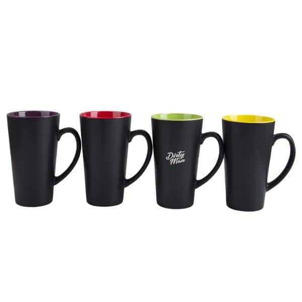 A drinkware set featuring four black matte finish mugs with contrasting brightly coloured interiors and logos. 17 oz. Matte Finish Contrast Mug - Image 1