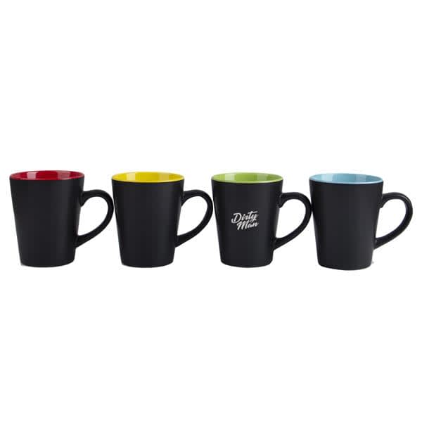 A set of four black ceramic coffee mugs with contrasting coloured interiors in red, yellow, green, and blue. Each mug has a logo. 11 oz. Two Tone Ceramic Coffee Mug - Image 1